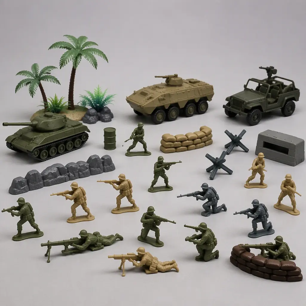 Toy soldiers with miniature vehicles and terrain accessories