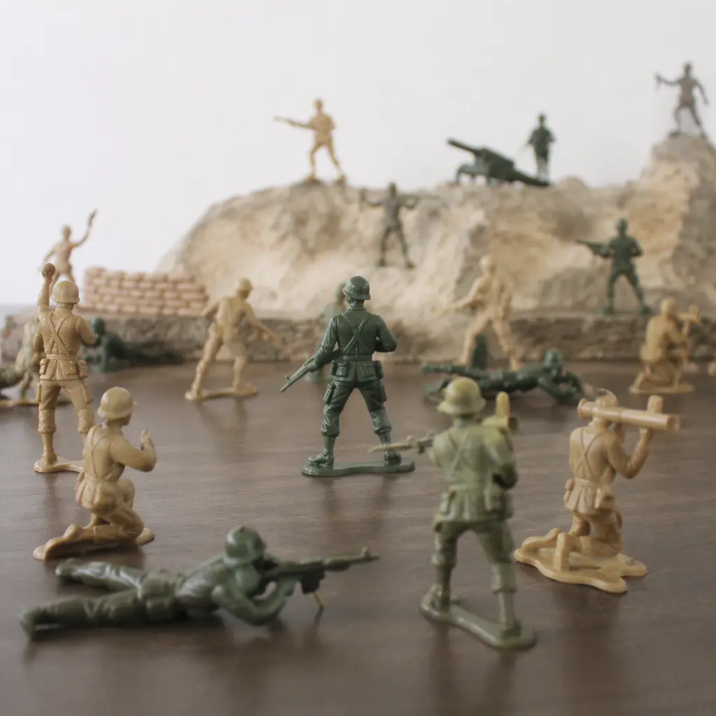 Assorted plastic toy soldiers posed on a tabletop play scene