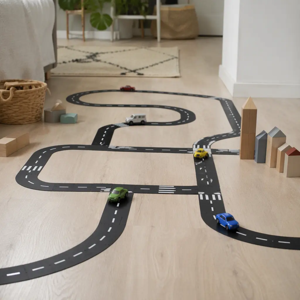 Removable toy road tape arranged into streets on an apartment floor with toy cars.