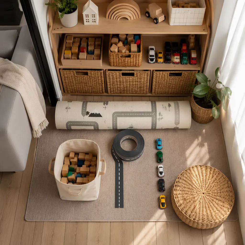 Compact apartment play area with a rolled play mat and stored toy road tape.