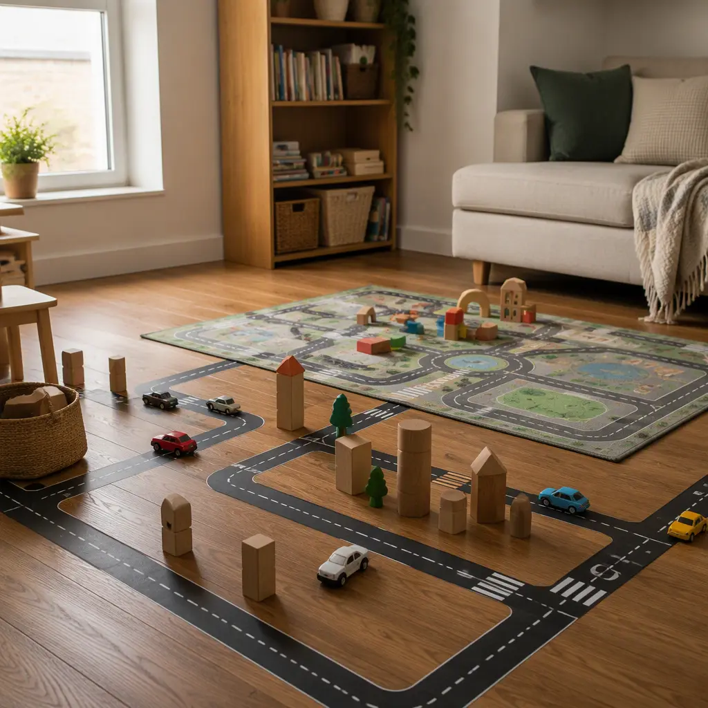 Toy road tape and a city play mat set up in a small apartment living room with toy cars and blocks.
