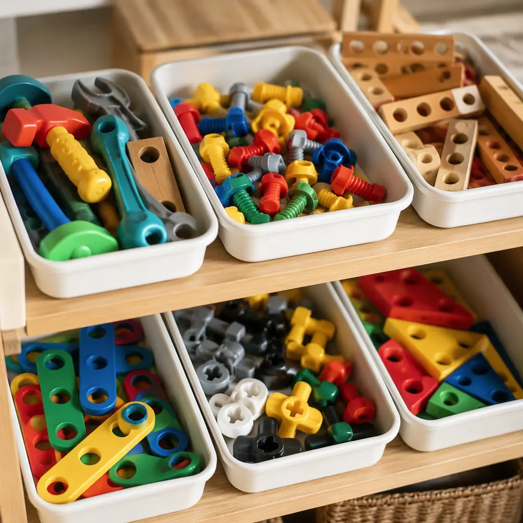 Organized toy tools and construction pieces stored in trays