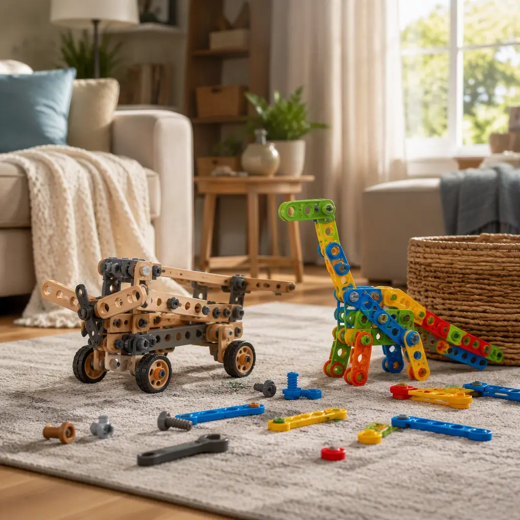 Partially assembled toy construction projects on a living room rug