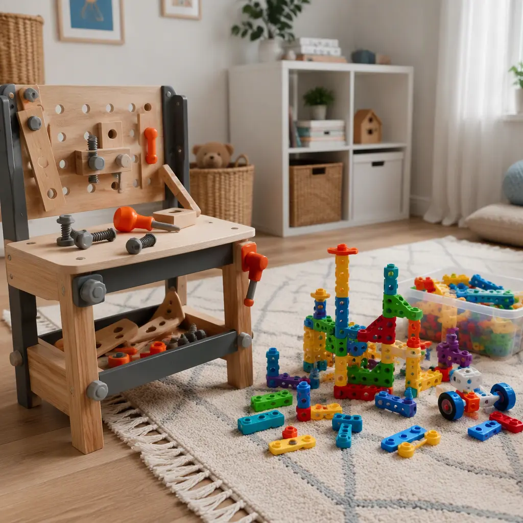 Toy tool bench with screws and bolts beside a colorful snap-together construction kit in a playroom