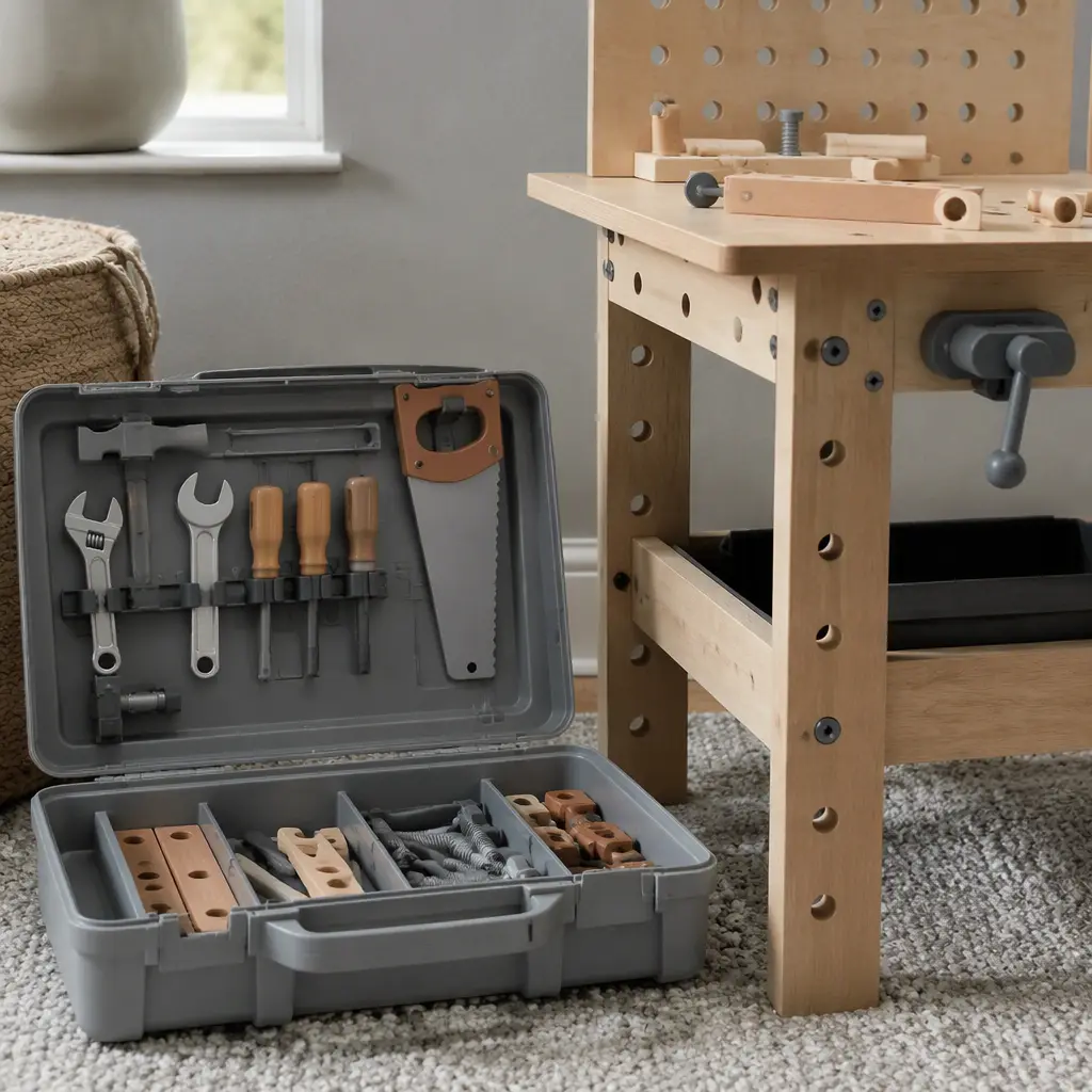 Portable toy tool set beside a small wooden craft bench