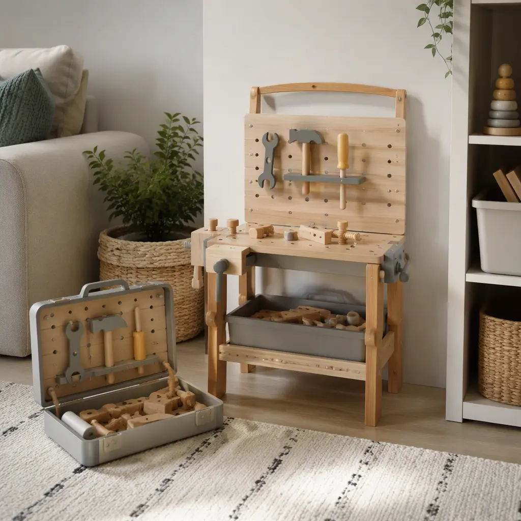 Children's play corner with toy workbench and portable tool kit