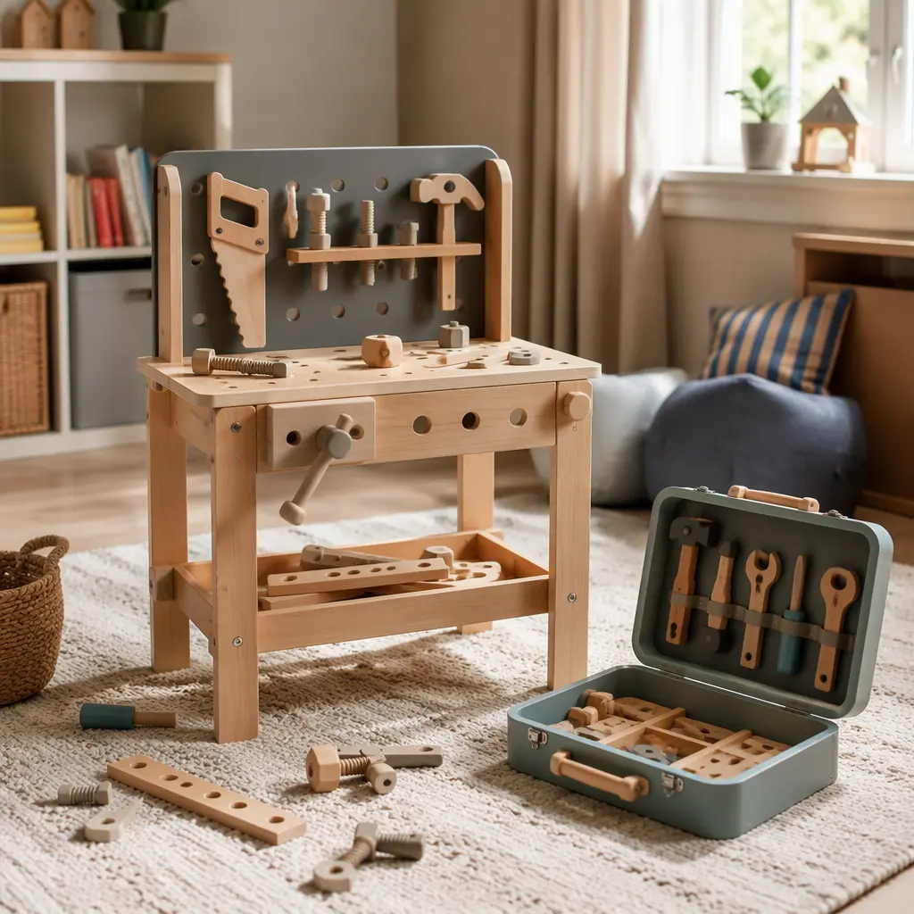 Toy workbench and toy tool set arranged in a bright playroom