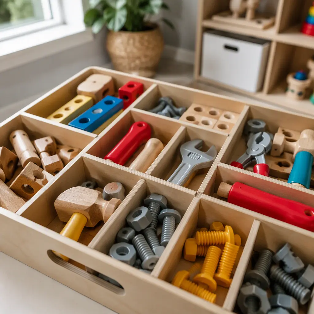 Toy tools organized inside divided storage compartments