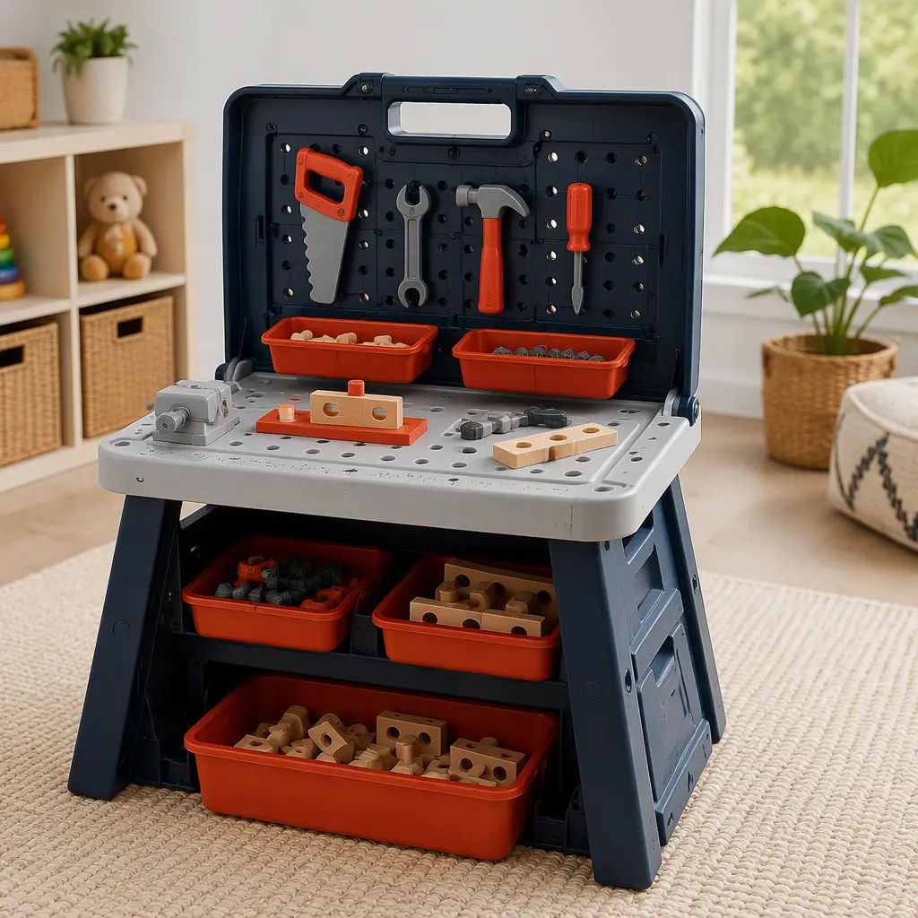 Fold-out toy workbench with built-in storage compartments