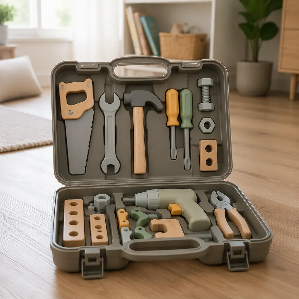 Compact toy tool set stored neatly inside a carry case on a wooden floor