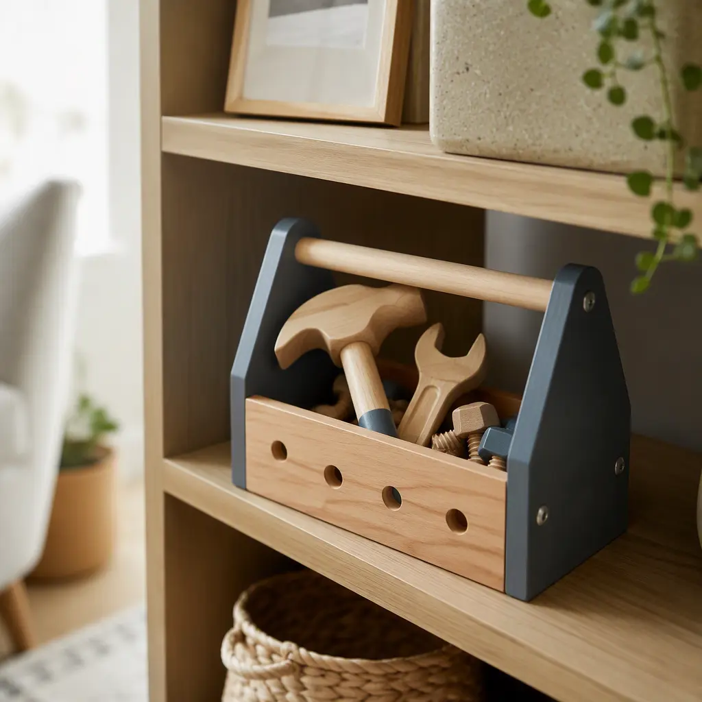 Compact toy toolbox stored neatly on apartment shelving