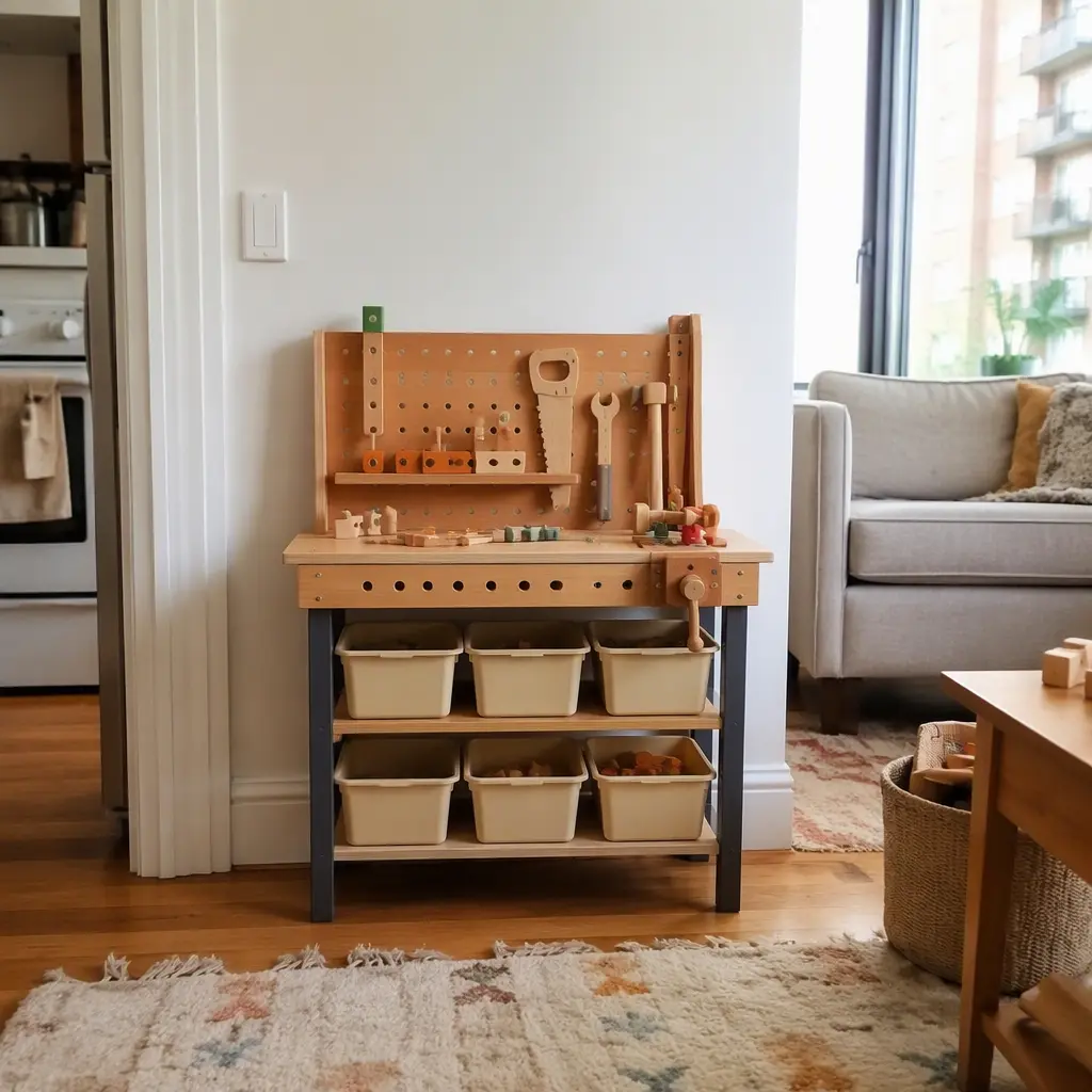 Toy workbench organized neatly in a compact apartment