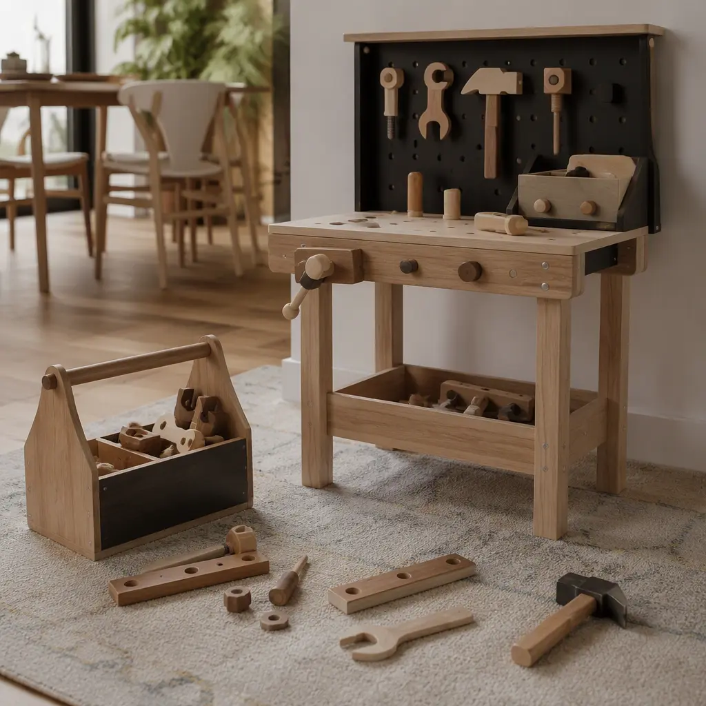 Compact toy toolbox and toy workbench in a small apartment play area