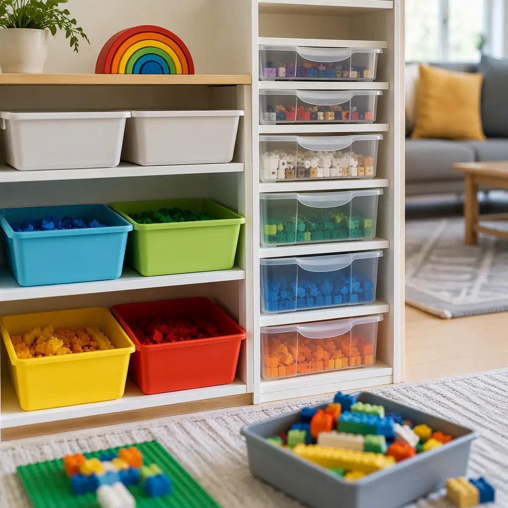 Building toys stored in open bins and enclosed drawers