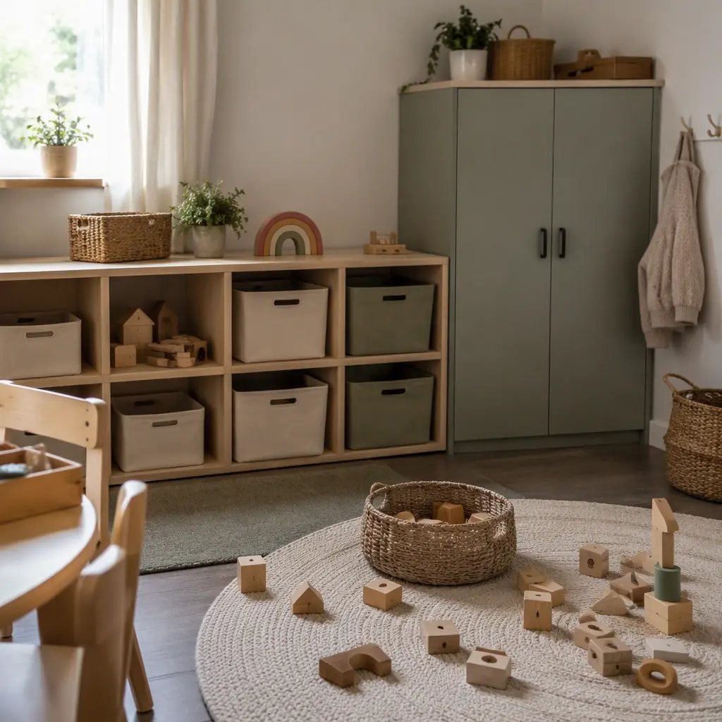 Preschool toy storage with open bins and closed cabinets