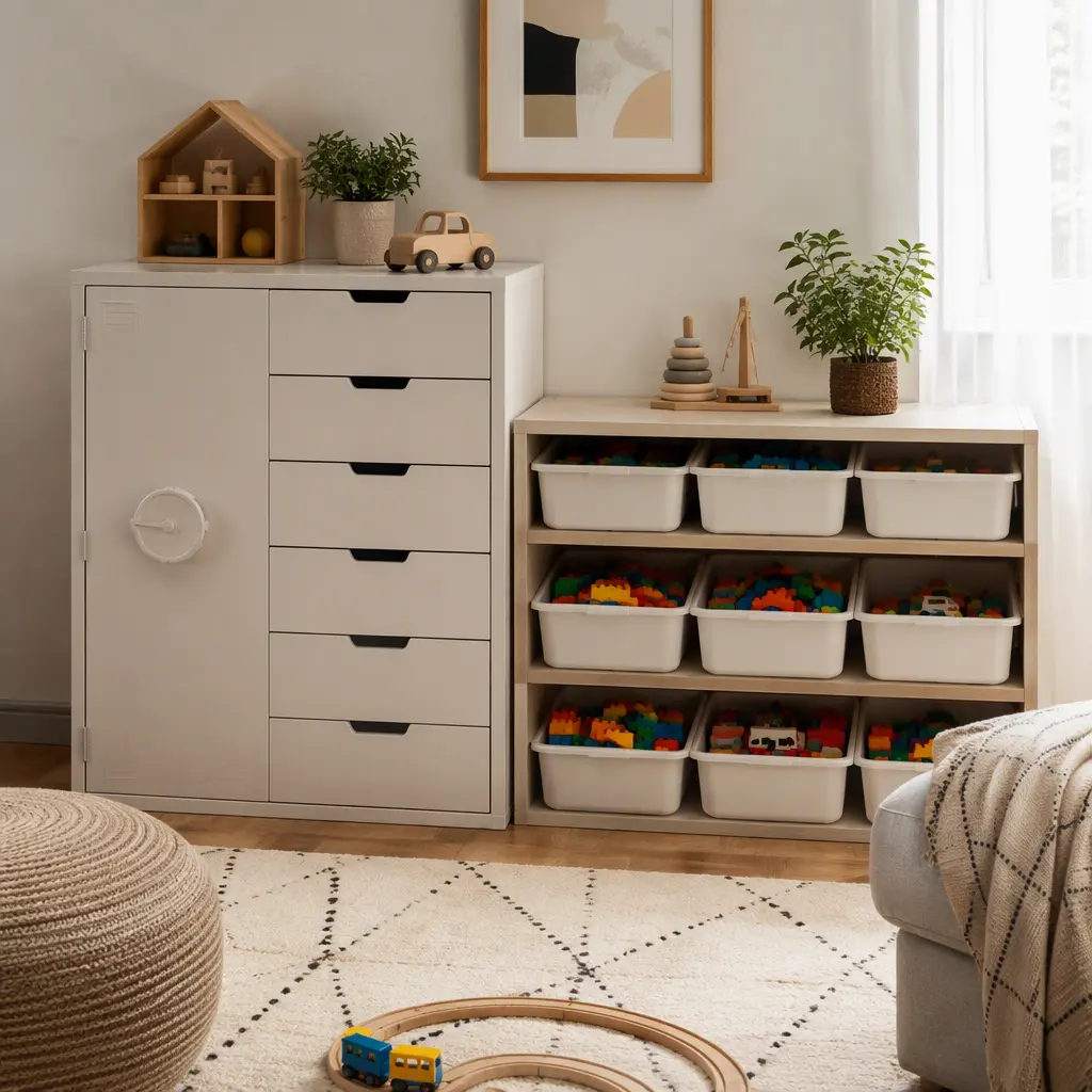 Closed toy vault drawers beside open toy bins in a preschool playroom