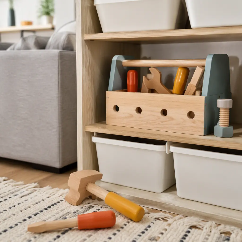 Toy tools stored neatly in a compact apartment space