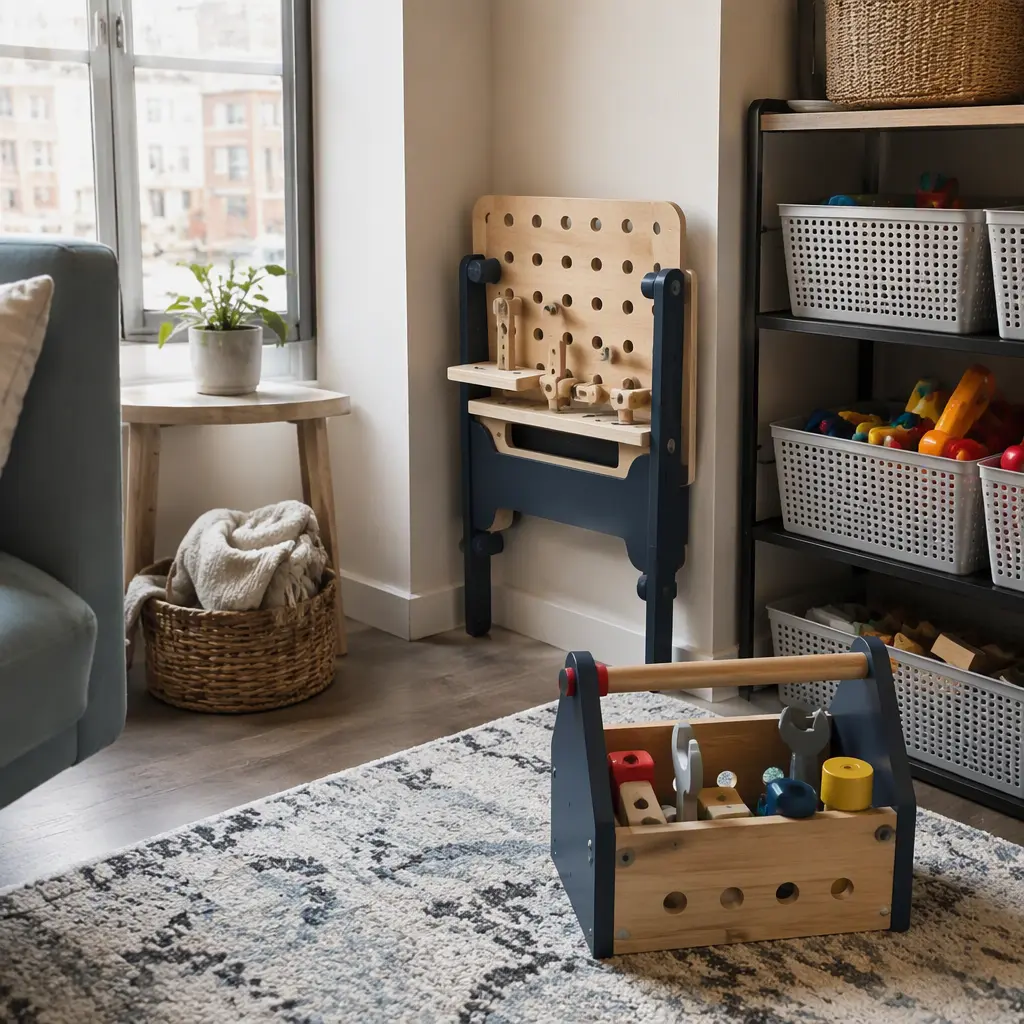 Small apartment play corner with compact toy workbench and portable tool caddy