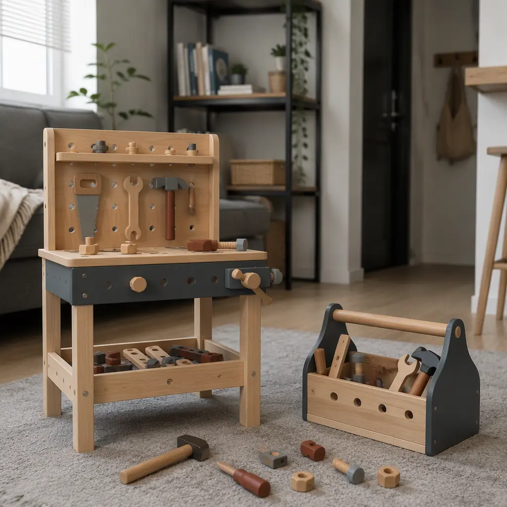 Compact toy workbench and portable tool caddy in a small apartment living room
