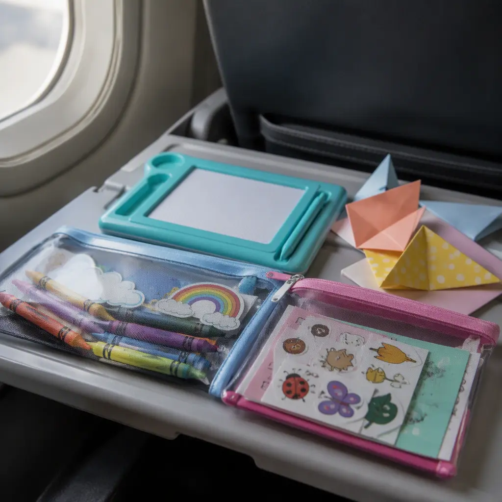 Compact children's craft supplies organized in pouches on an airplane tray table