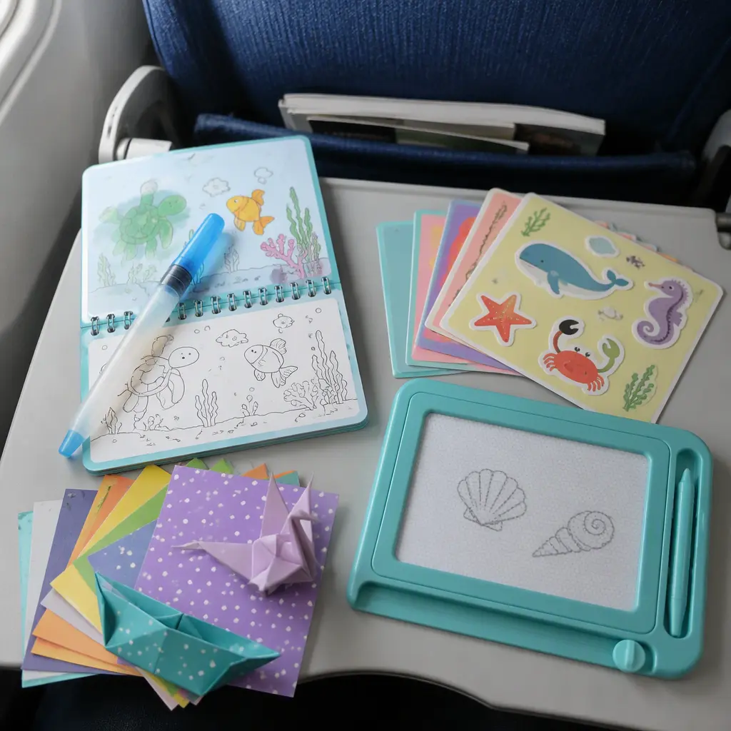 Reusable children's craft activities arranged on an airplane tray table