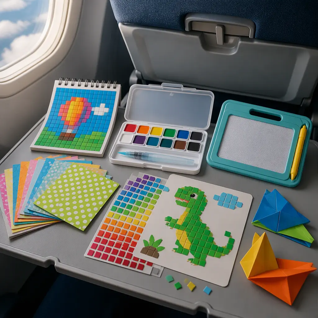 Compact travel craft kits arranged on an airplane tray table for children