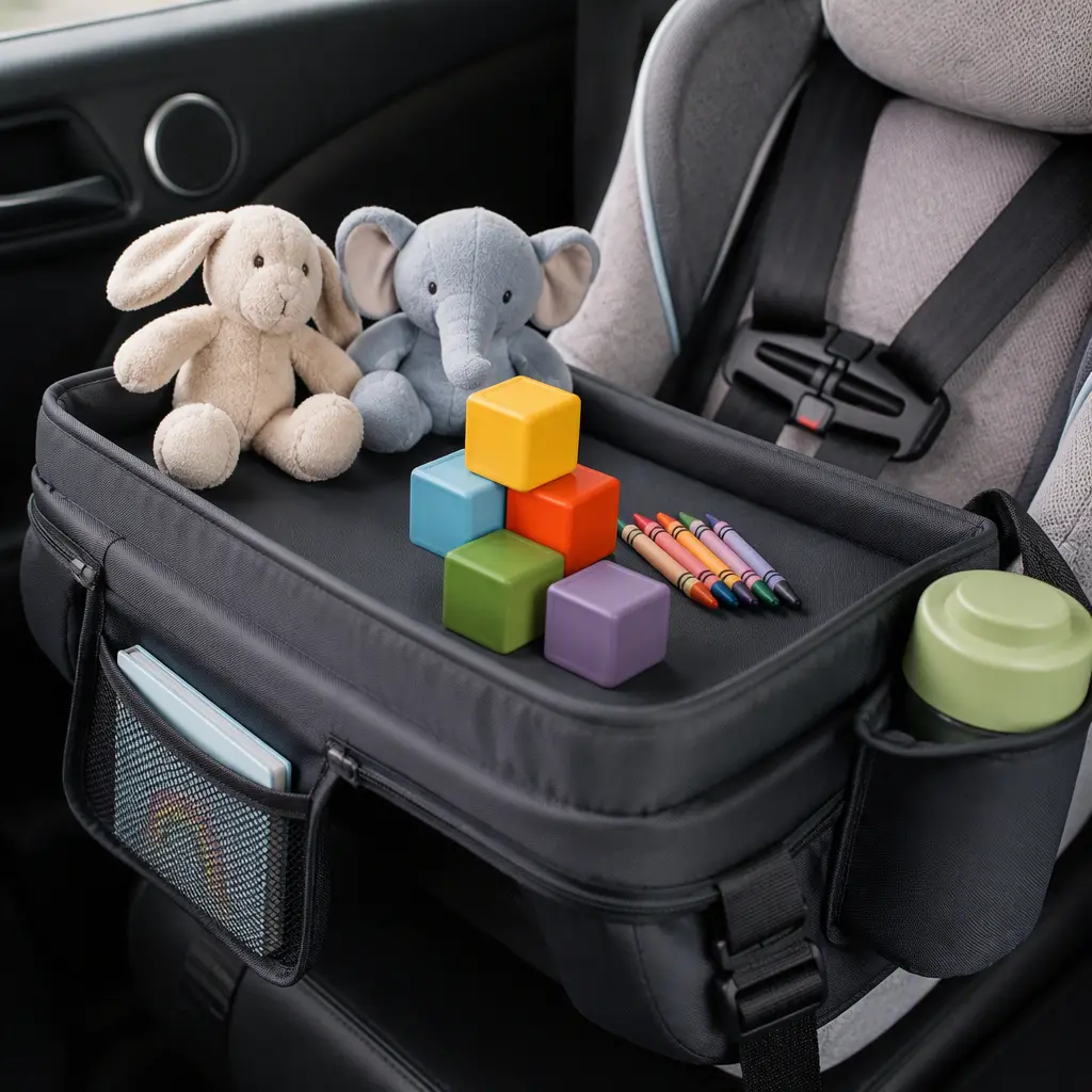 Toddler travel tray with contained toys in a car seat