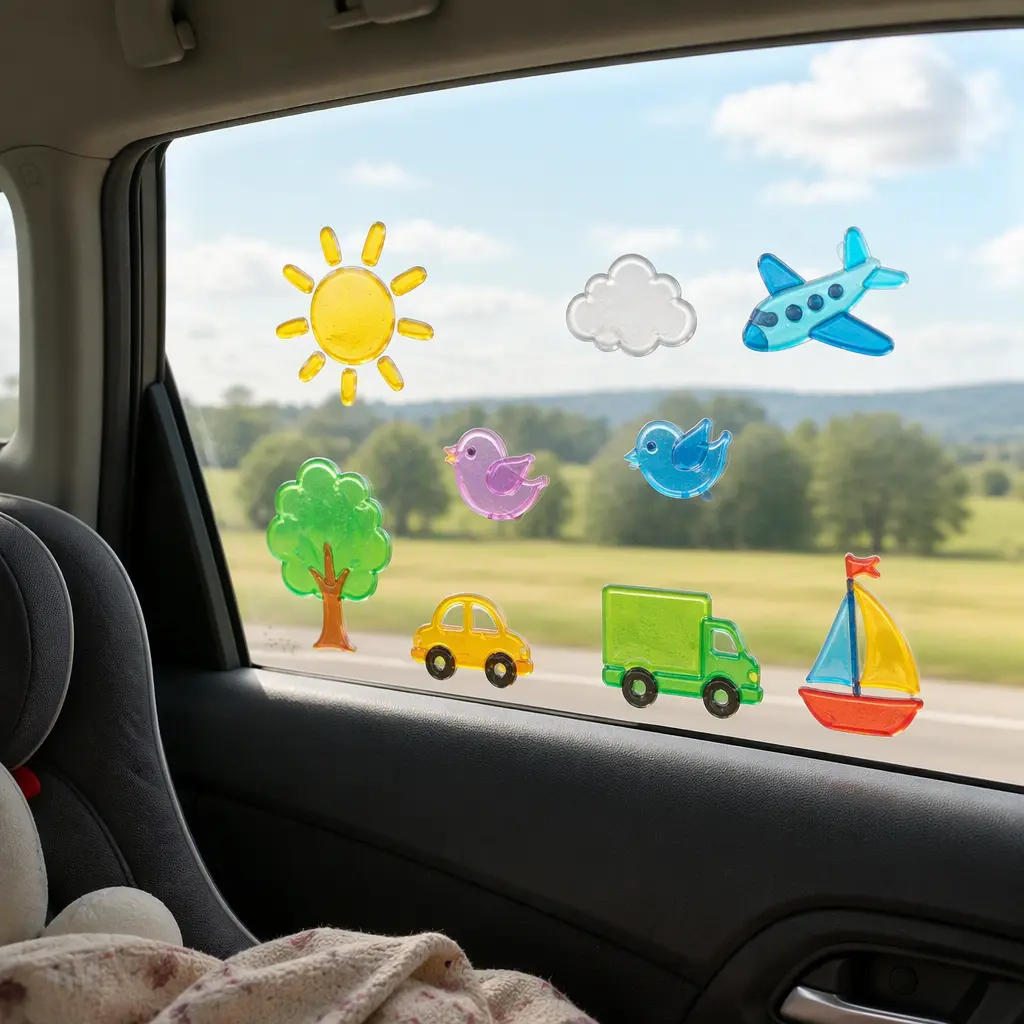 Reusable toddler window clings attached to a car window