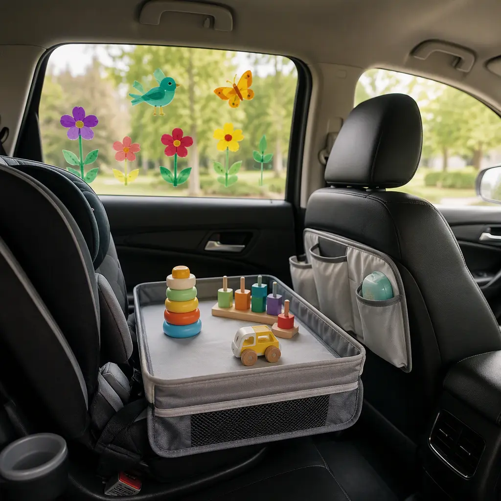 Toddler travel tray and reusable window clings inside a family car