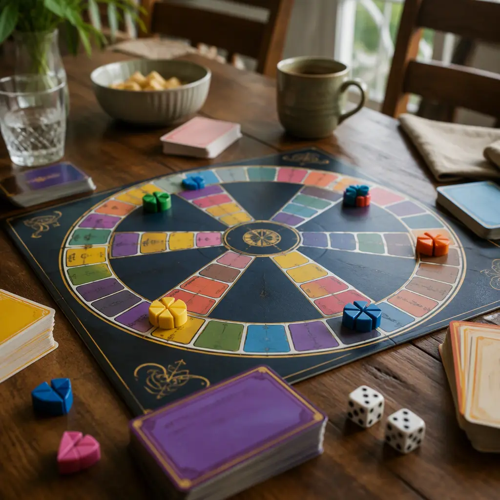 Vintage-style trivia game pieces and cards spread across a dining table