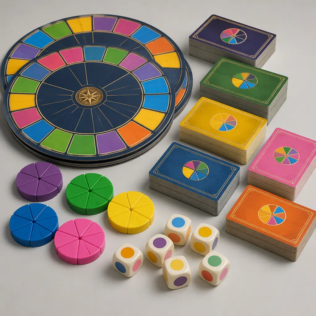 Assorted trivia game components arranged in a studio setting