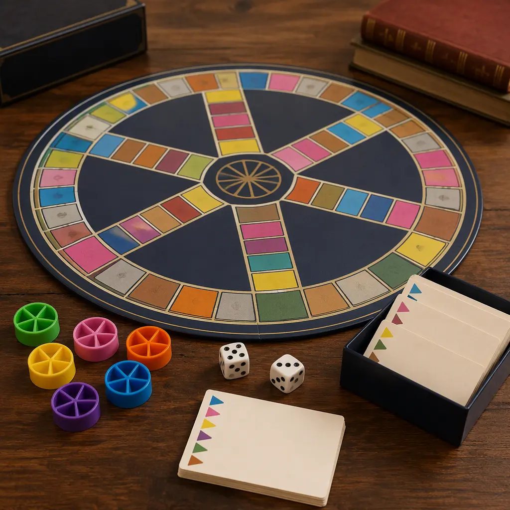 Classic trivia board game setup with colored wedges, cards, and playing pieces on a table