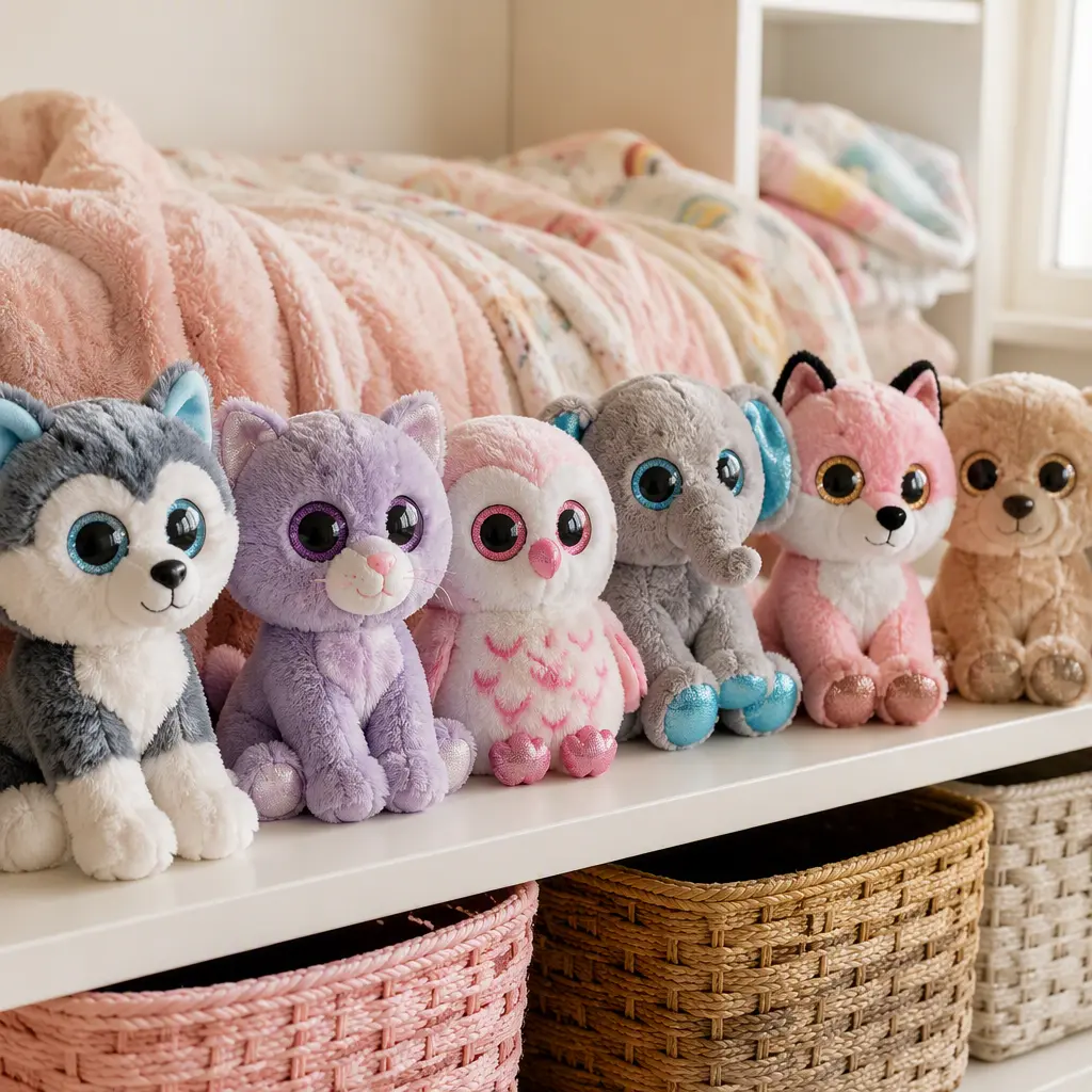 Colorful glitter-eyed plush animals displayed on a bedroom shelf