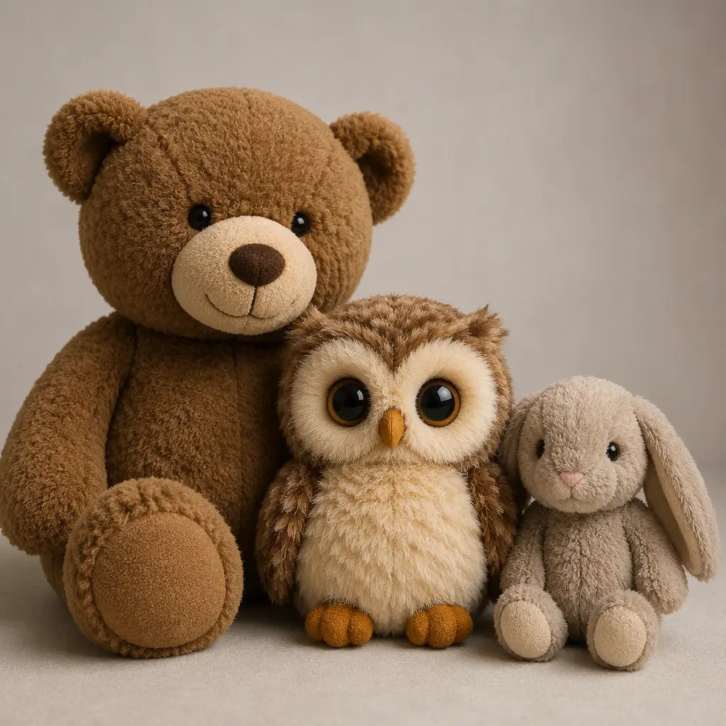 A glitter-eyed plush owl displayed beside plush animals of different sizes