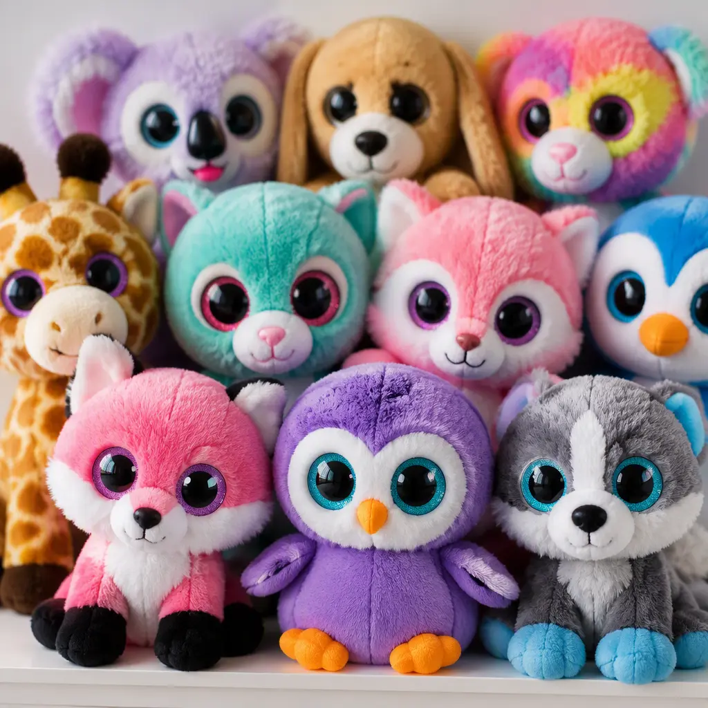 A group of colorful plush animals with oversized glittery eyes displayed on a shelf