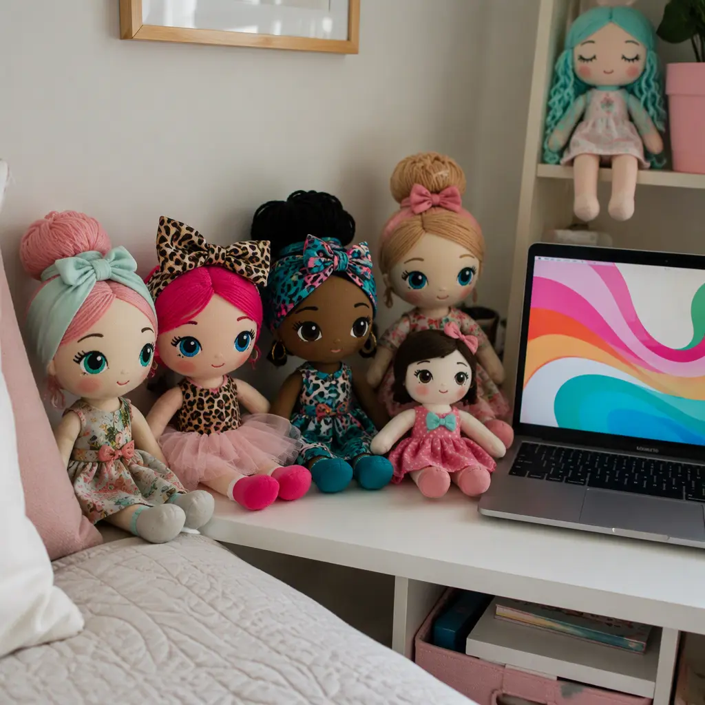 A shelf display of plush fashion dolls beside a laptop computer