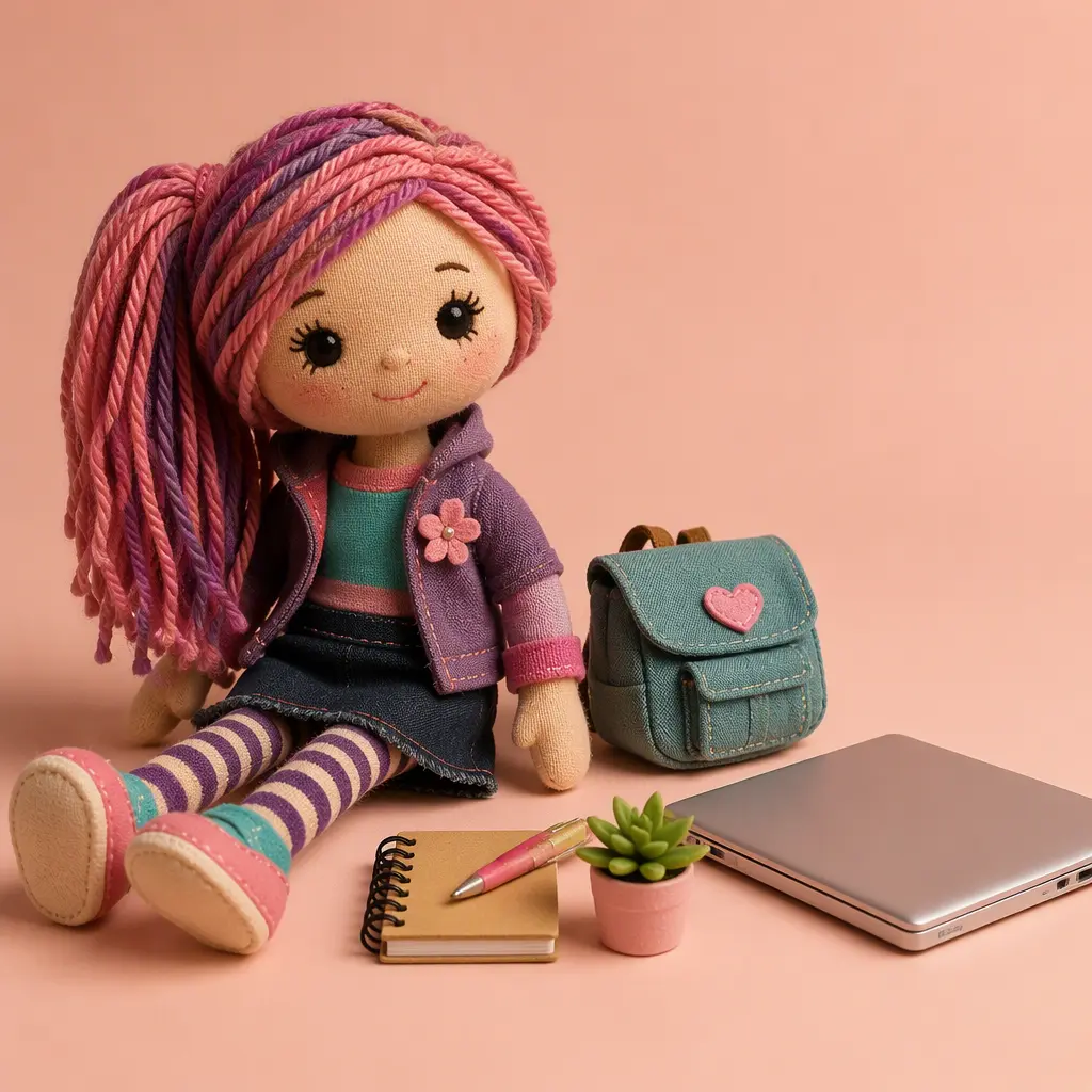 A plush fashion doll displayed with small accessories in a studio scene