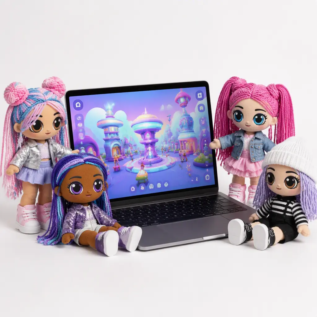 Colorful plush fashion dolls posed beside a laptop in a studio setting