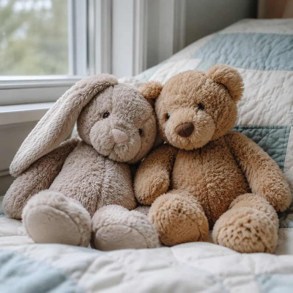Soft floppy plush rabbit and bear resting on a quilt near a window
