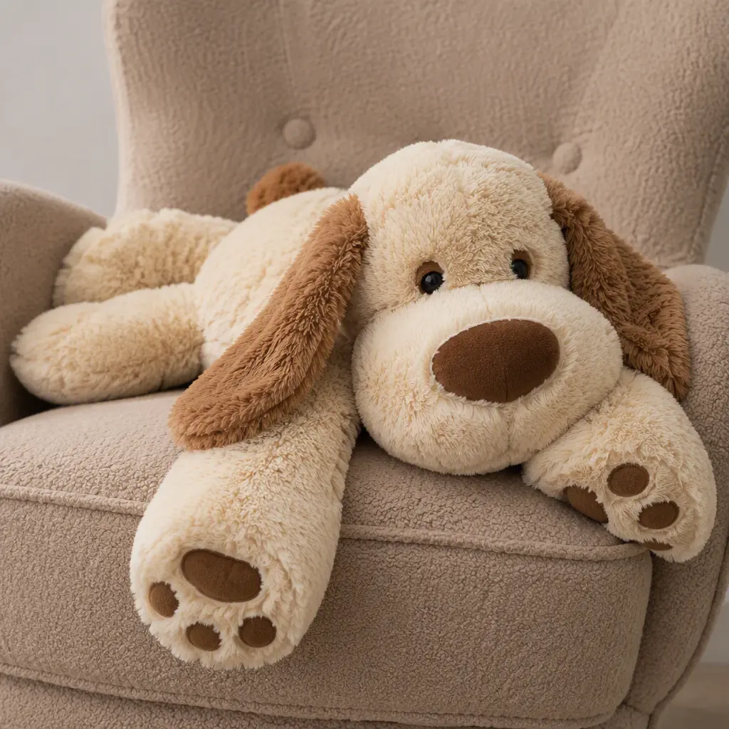 A floppy plush puppy resting across a soft chair