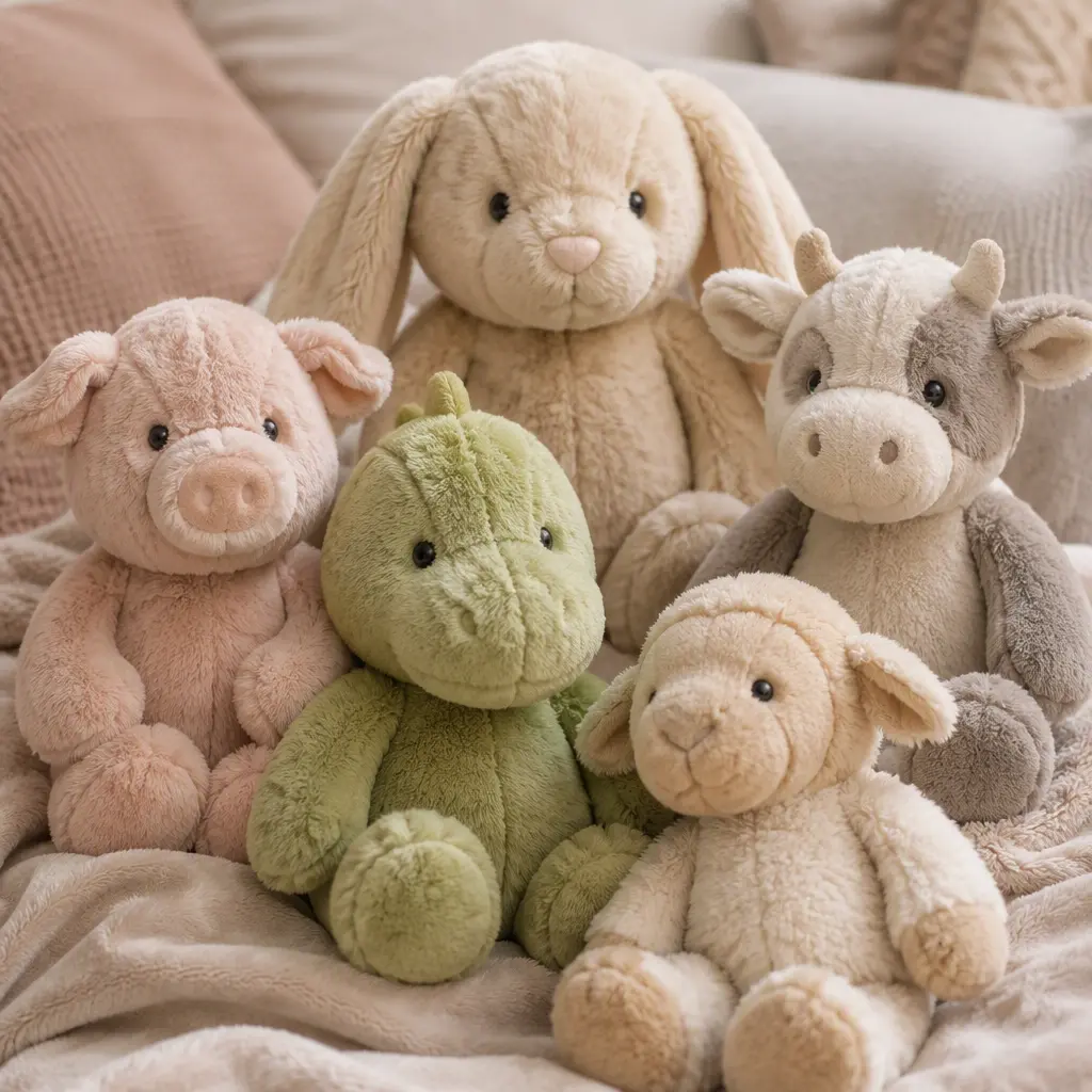 A group of floppy plush animals displayed on a soft blanket in warm light