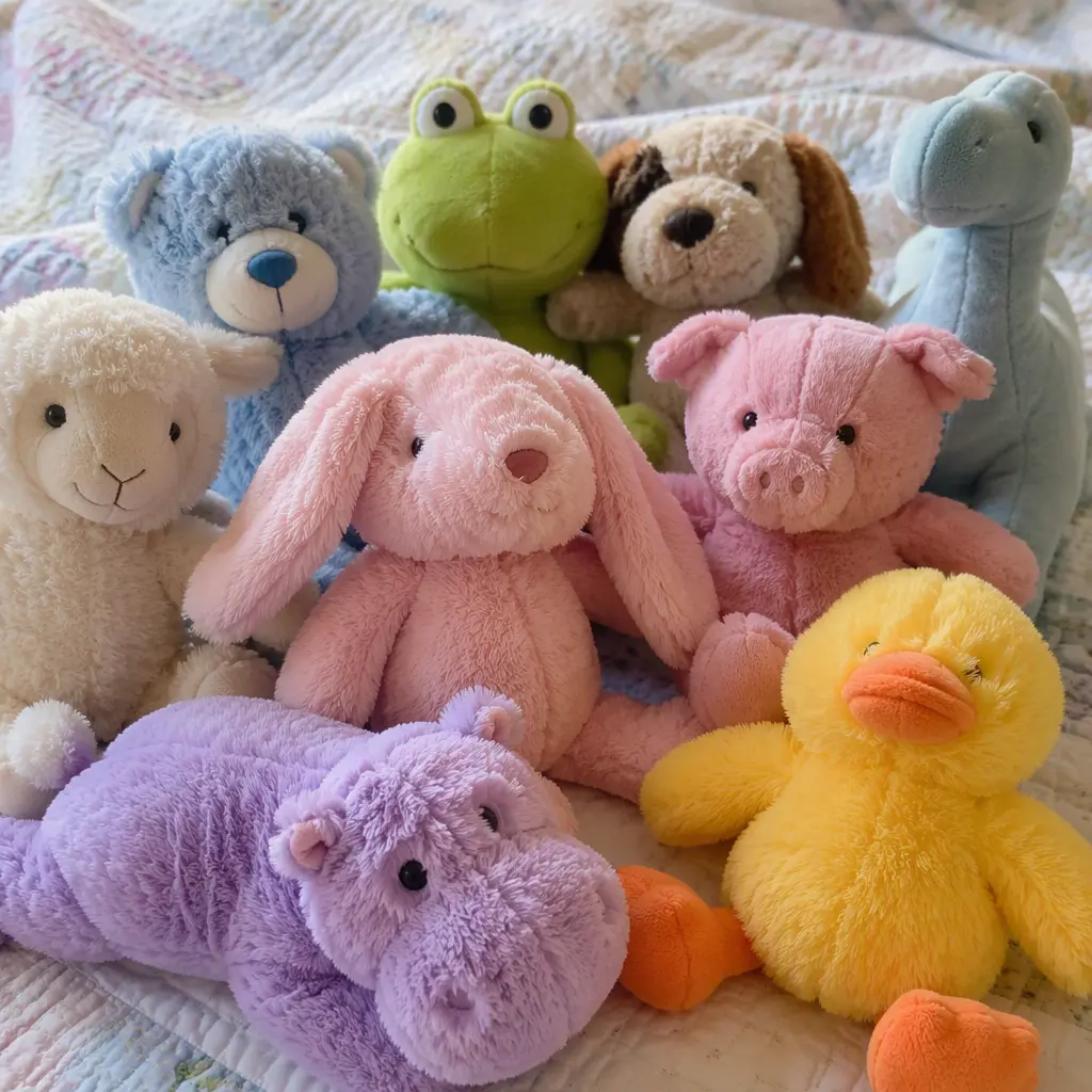Small bean-filled plush animals arranged on a bedspread in natural light