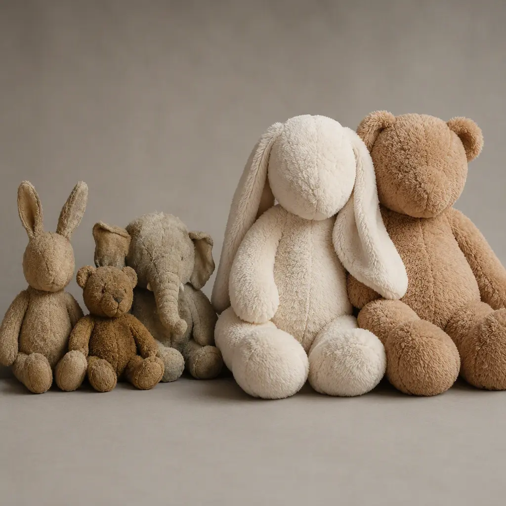 Classic small bean-filled plush toys displayed beside larger modern plush animals