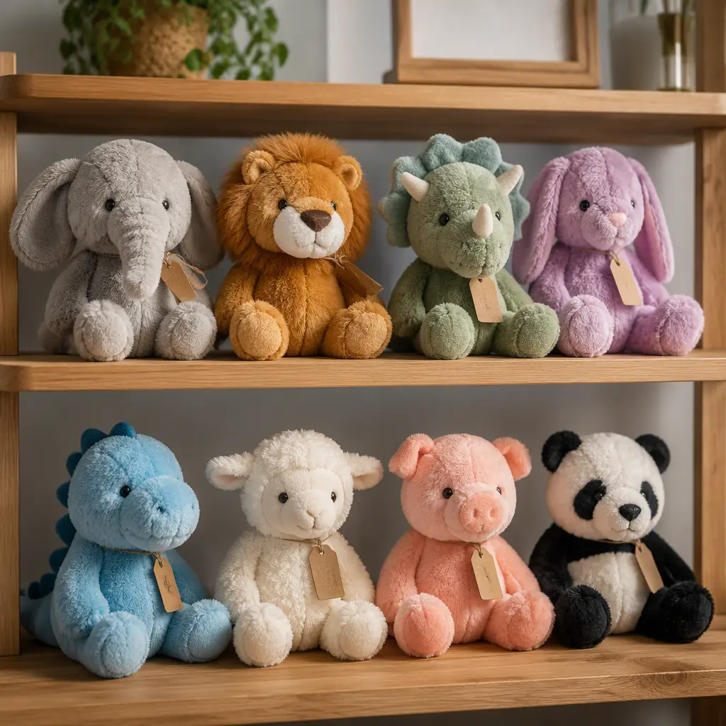 A collection of small colorful bean-filled plush animals displayed on a shelf
