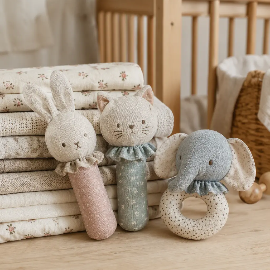 Vintage-style plush baby rattles displayed in a softly lit nursery