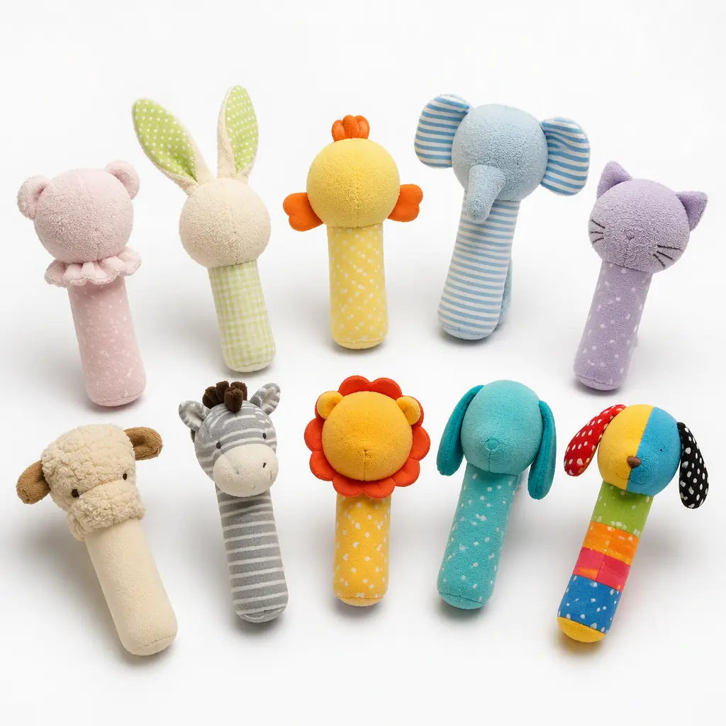 Collection of plush animal-themed baby rattles in a studio display