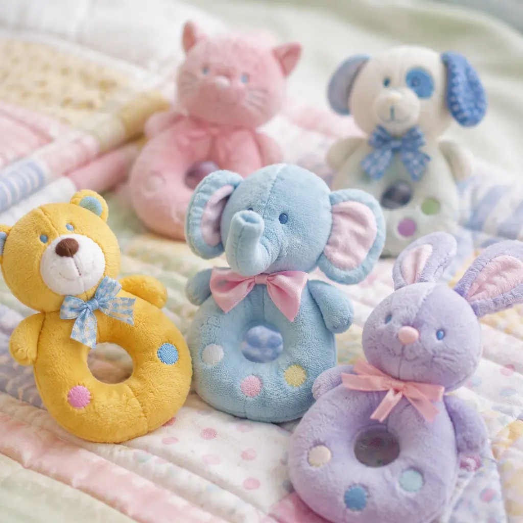 Soft plush baby rattles arranged on a nursery blanket in a studio setting