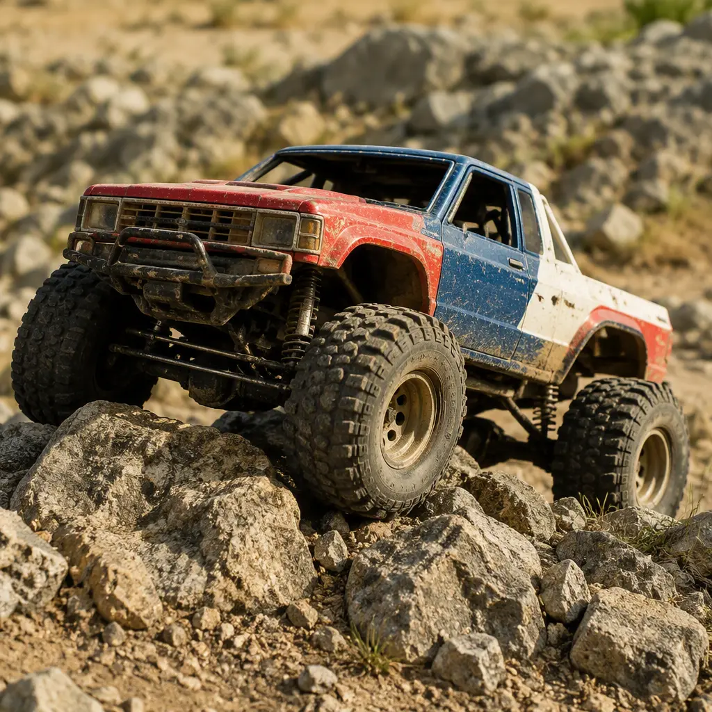 Oversized stunt RC vehicle driving over rocks outdoors