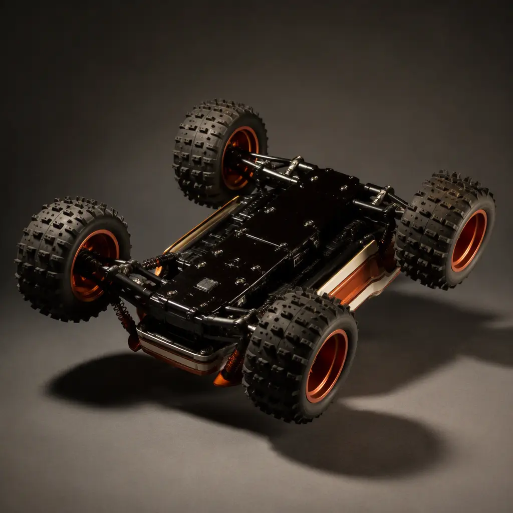 Stunt RC car resting upside down to show reversible driving design