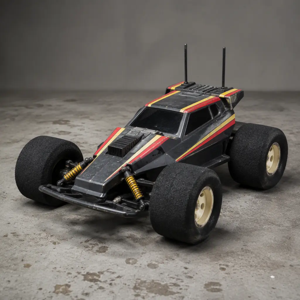 Vintage-style stunt RC car with oversized tires on a concrete floor
